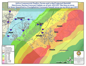 Weather map showing 3-day forecast for projected rainfall over North Carolina from Hurricane Dorian