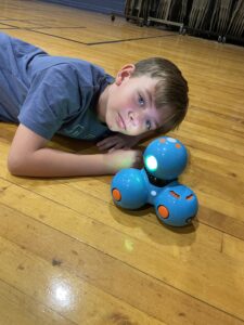 A kid looks at a small blue robot.